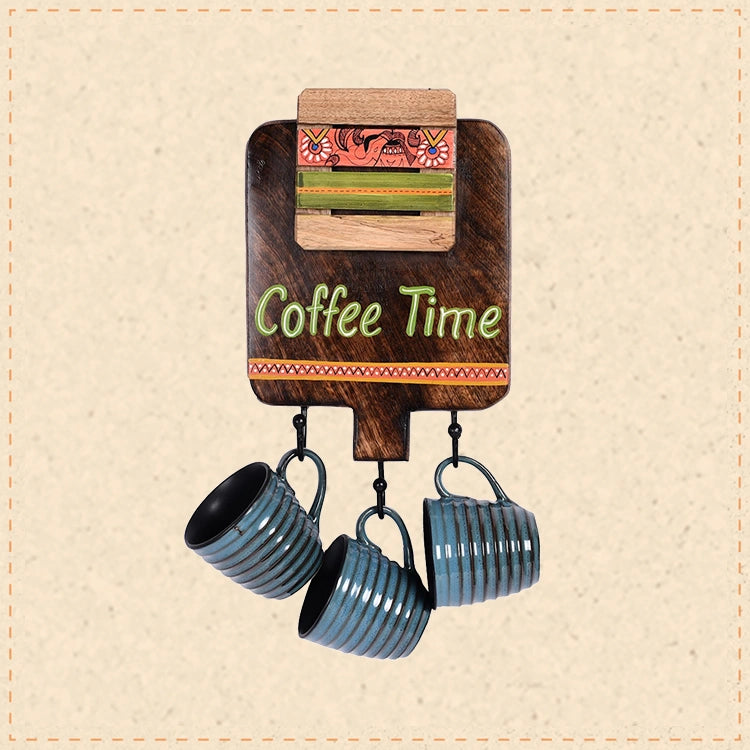 Cup Holder Handcrafted Wall Mounted & 3 Mugs (Set of 4) (7x1.5x11)