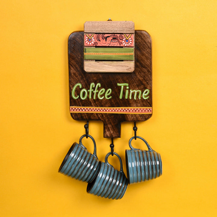 Cup Holder Handcrafted Wall Mounted & 3 Mugs (Set of 4) (7x1.5x11)