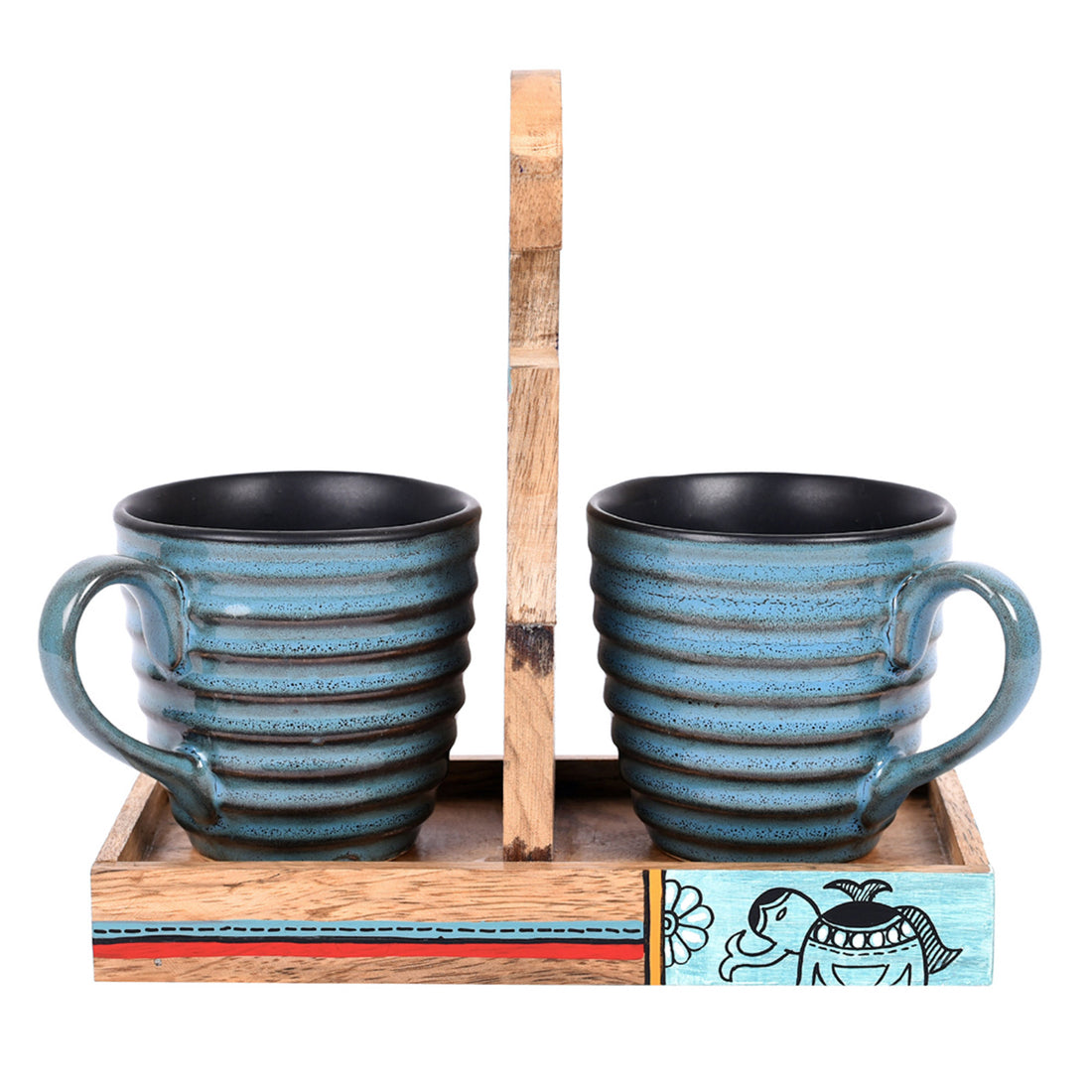 Cup Holder Handcrafted & 2 Mugs (Set of 3) (7x3.3x7)