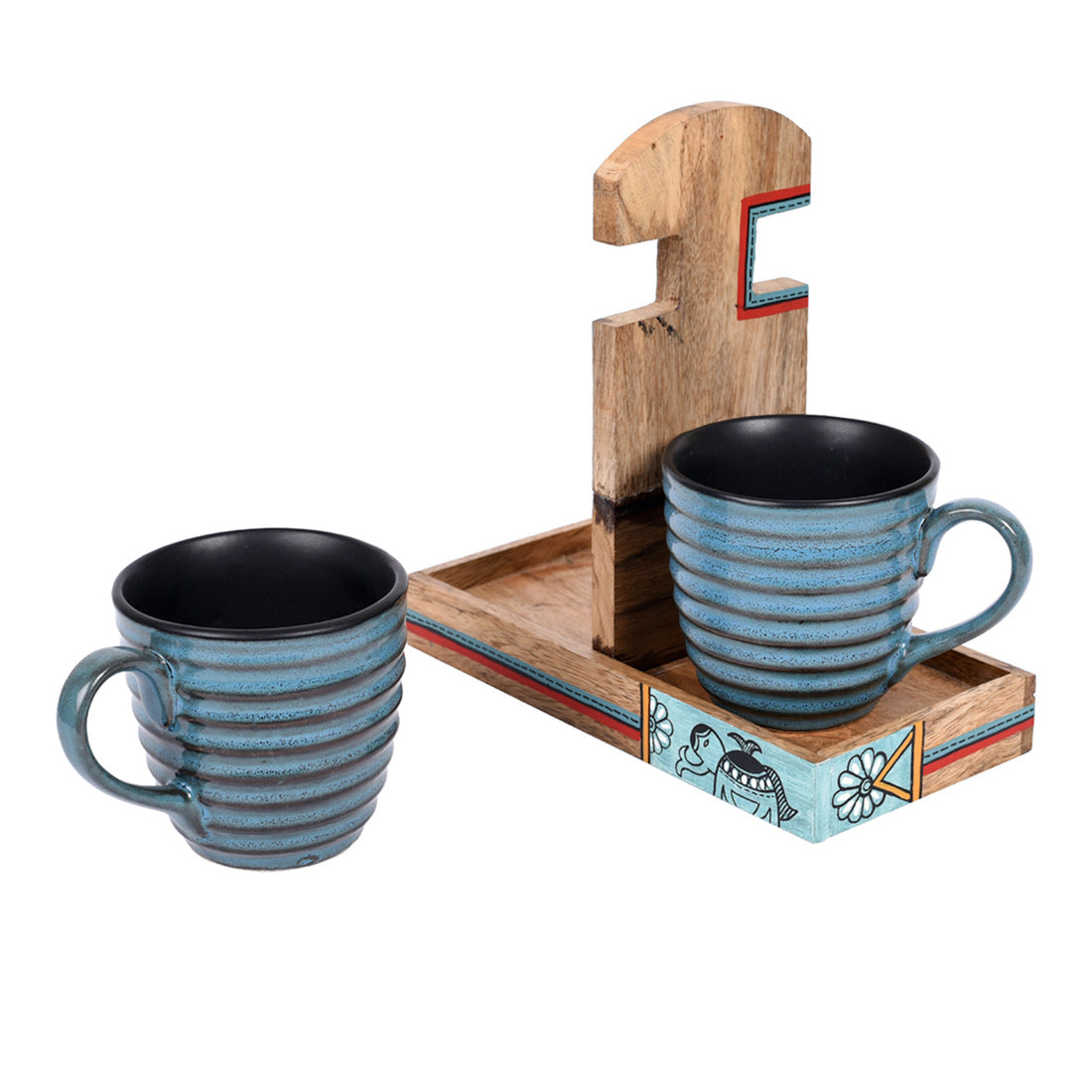 Cup Holder Handcrafted & 2 Mugs (Set of 3) (7x3.3x7)