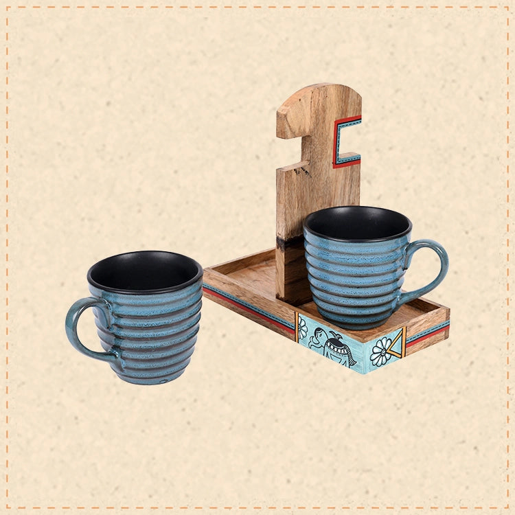 Cup Holder Handcrafted & 2 Mugs (Set of 3) (7x3.3x7)