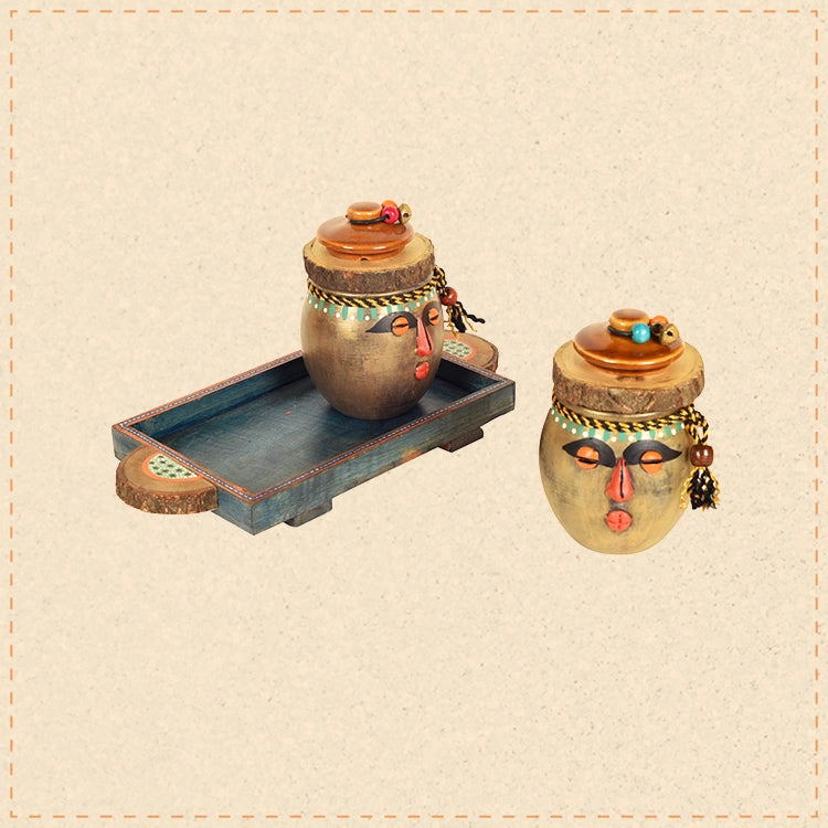 Happy Tribals Storage Jars and Handcrafted Tray S03 (10.5x5x5)