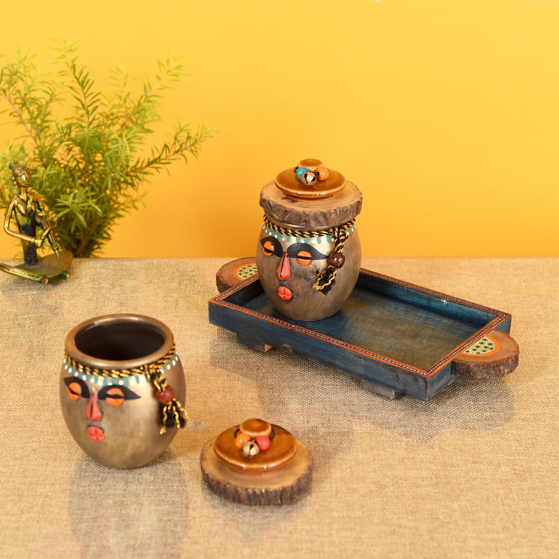 Happy Tribals Storage Jars and Handcrafted Tray S03 (10.5x5x5)