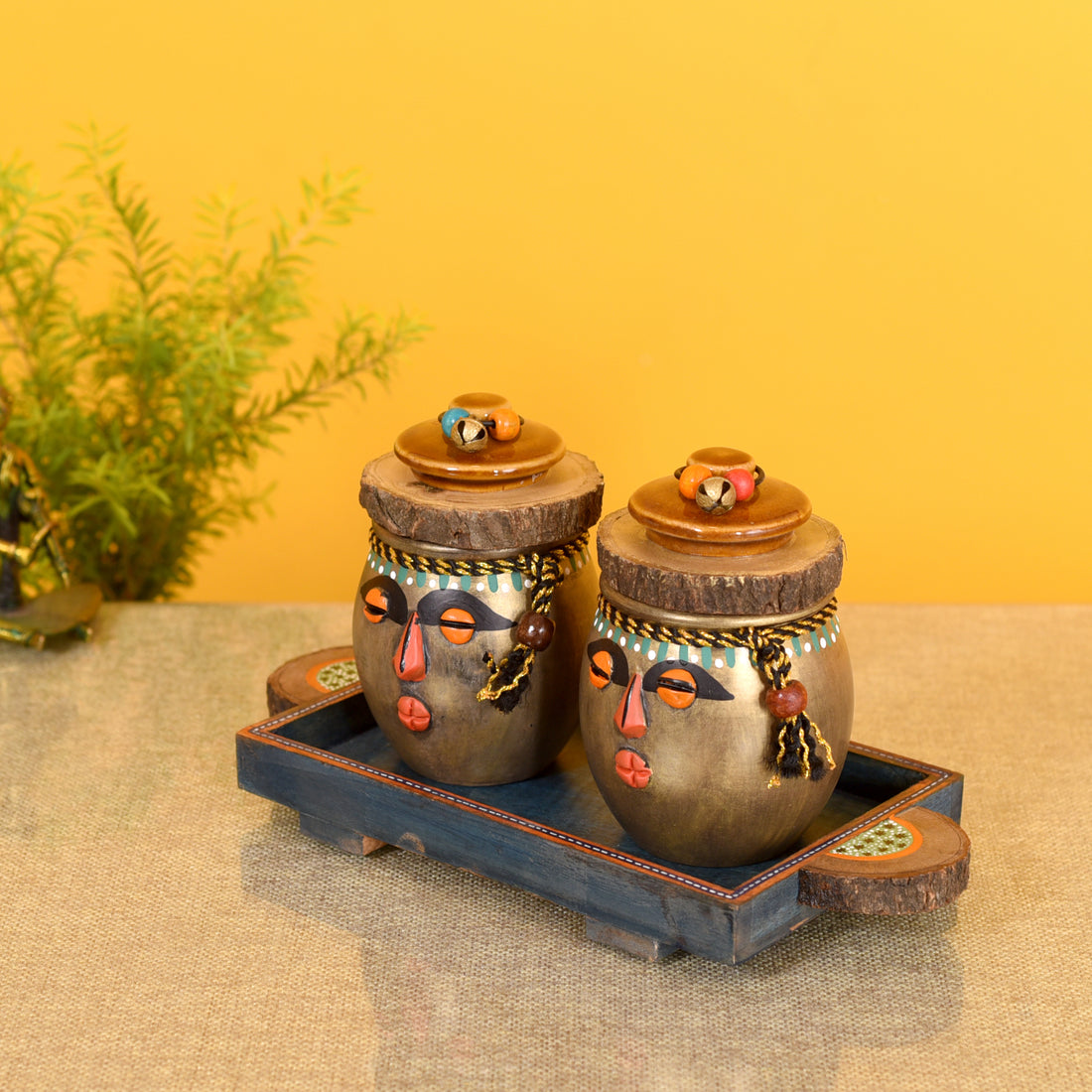 Happy Tribals Storage Jars and Handcrafted Tray S03 (10.5x5x5)