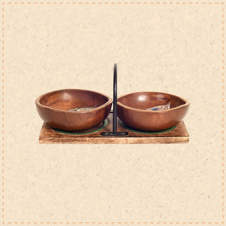 MANSA BOWLS in Handy Tray- with designer Paisley Motifs-Wooden-SET OF TWO+Tray
