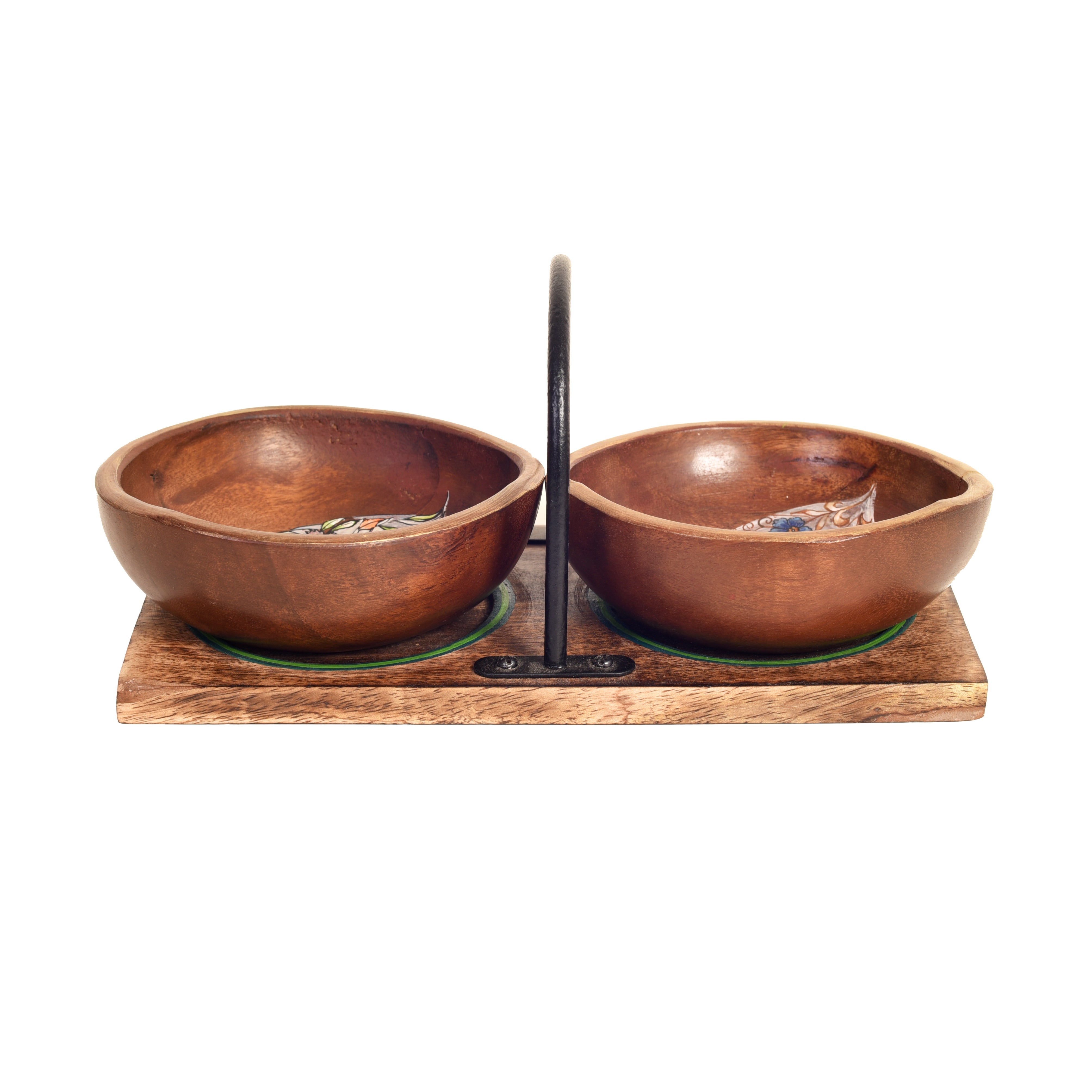 MANSA BOWLS in Handy Tray- with designer Paisley Motifs-Wooden-SET OF TWO+Tray