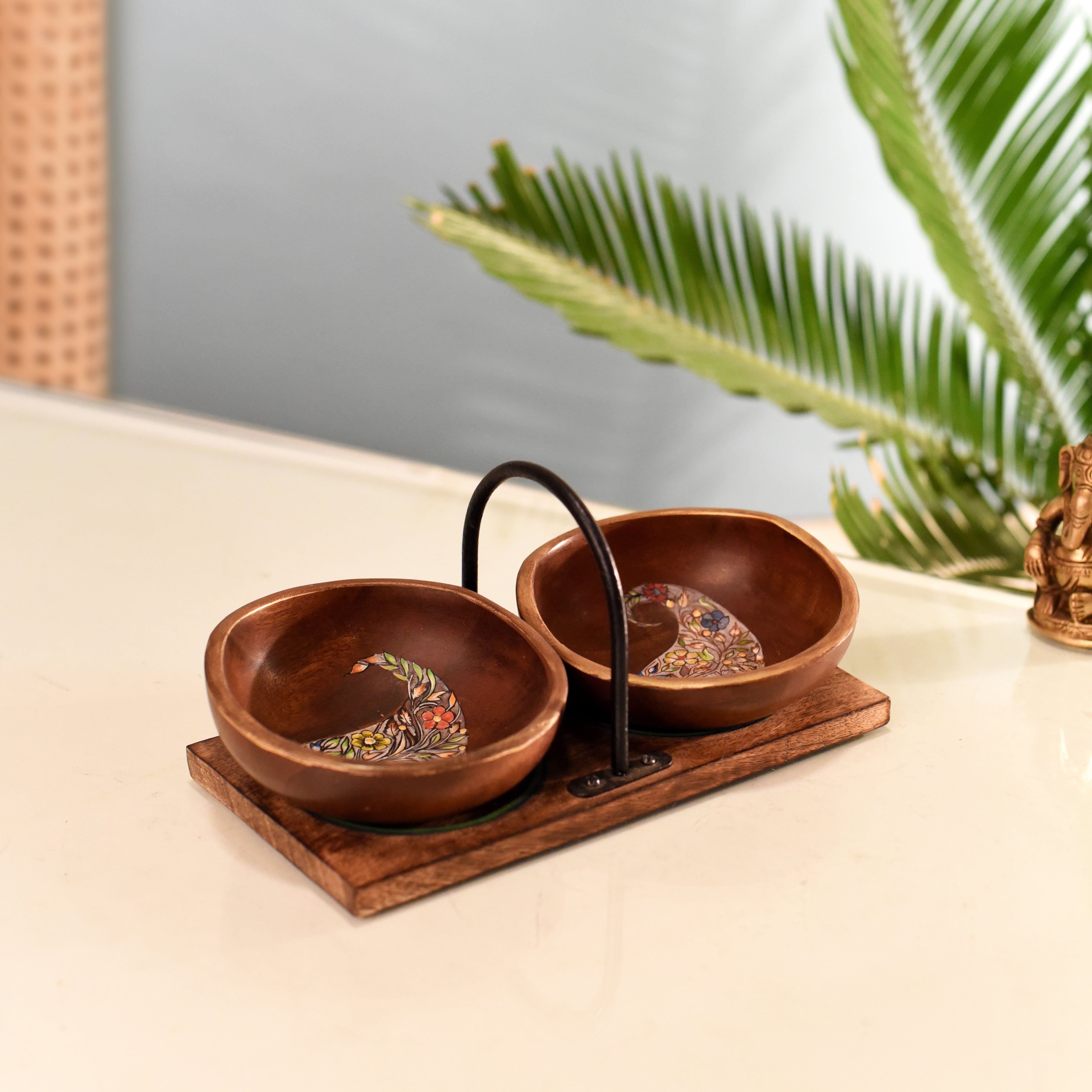 MANSA BOWLS in Handy Tray- with designer Paisley Motifs-Wooden-SET OF TWO+Tray