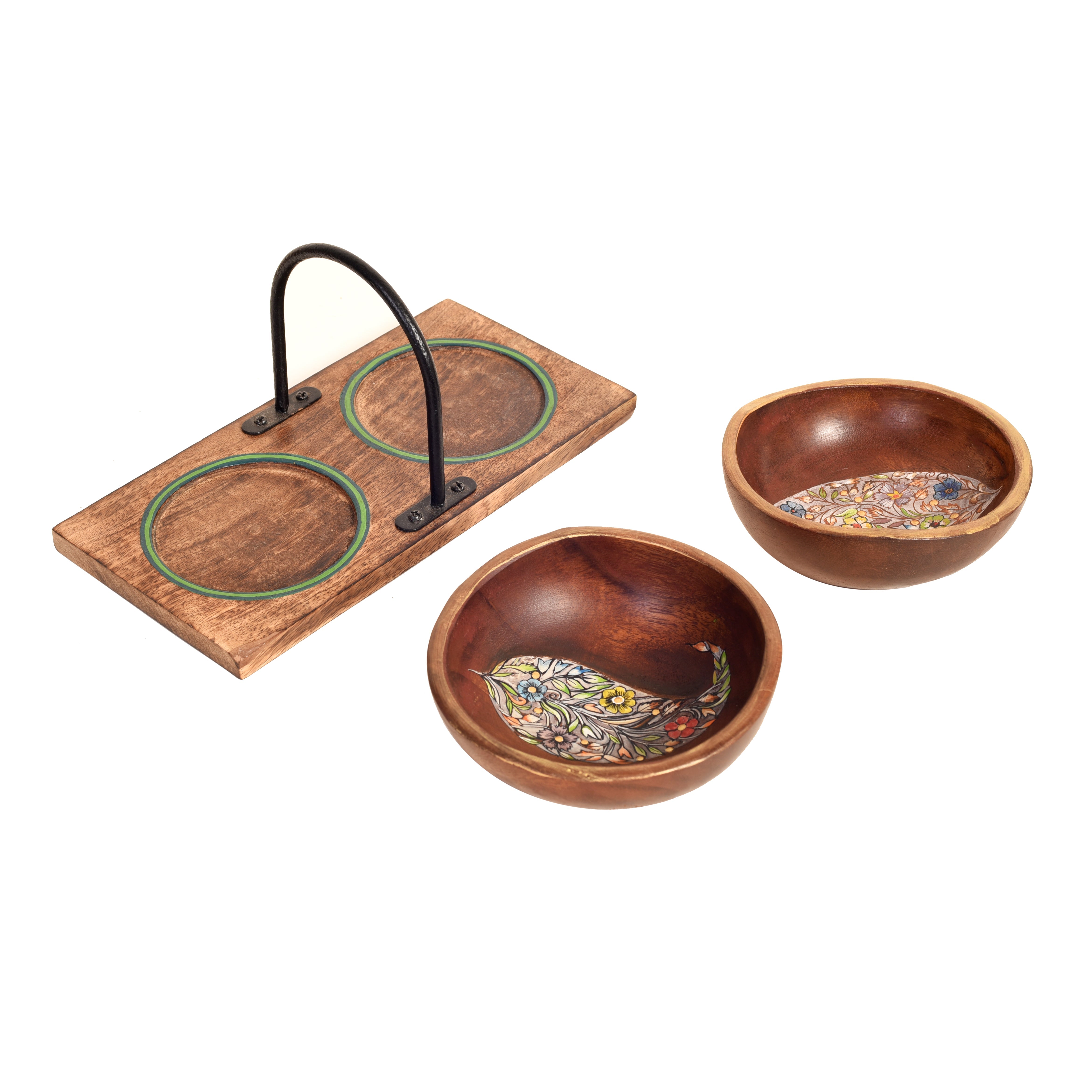 MANSA BOWLS in Handy Tray- with designer Paisley Motifs-Wooden-SET OF TWO+Tray