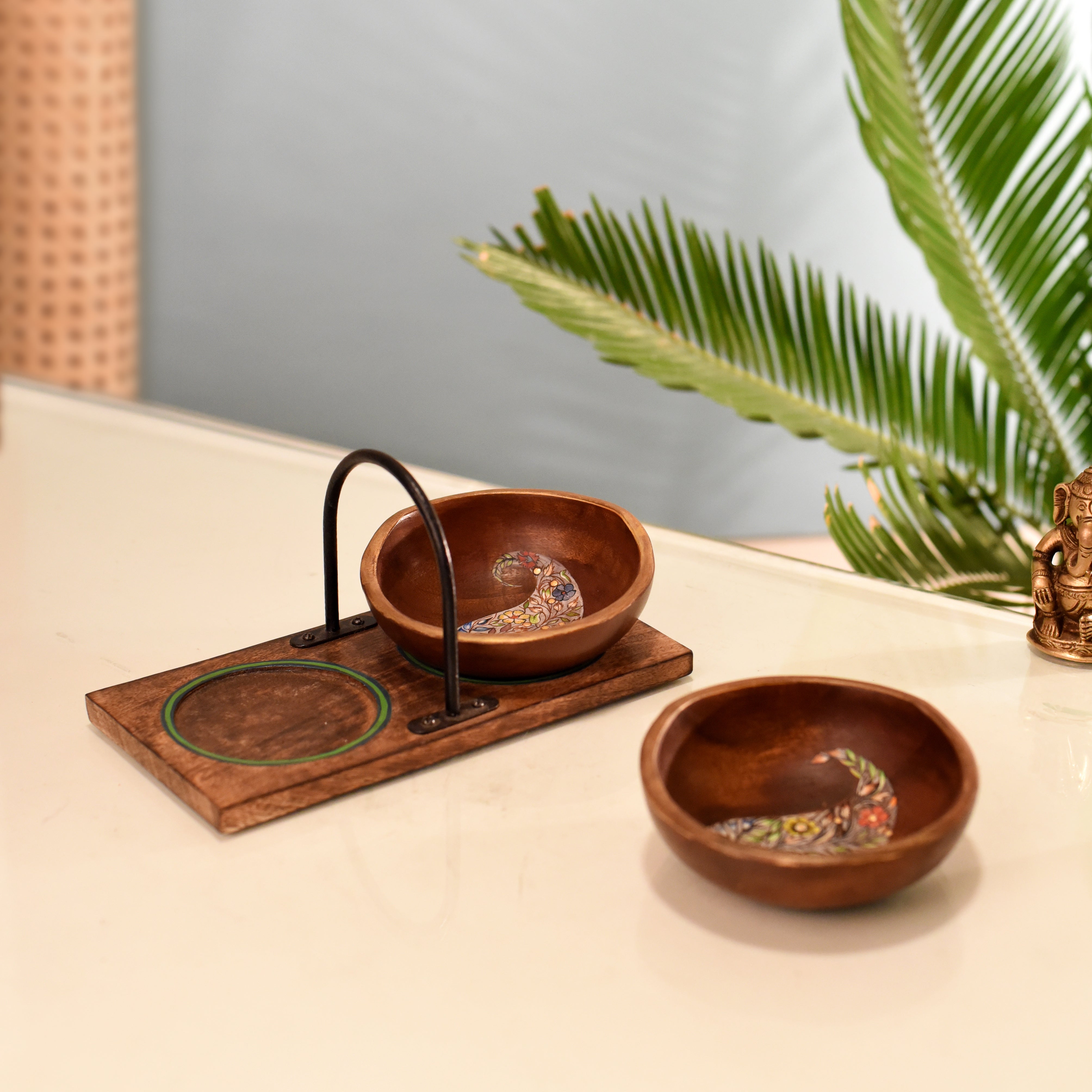 MANSA BOWLS in Handy Tray- with designer Paisley Motifs-Wooden-SET OF TWO+Tray