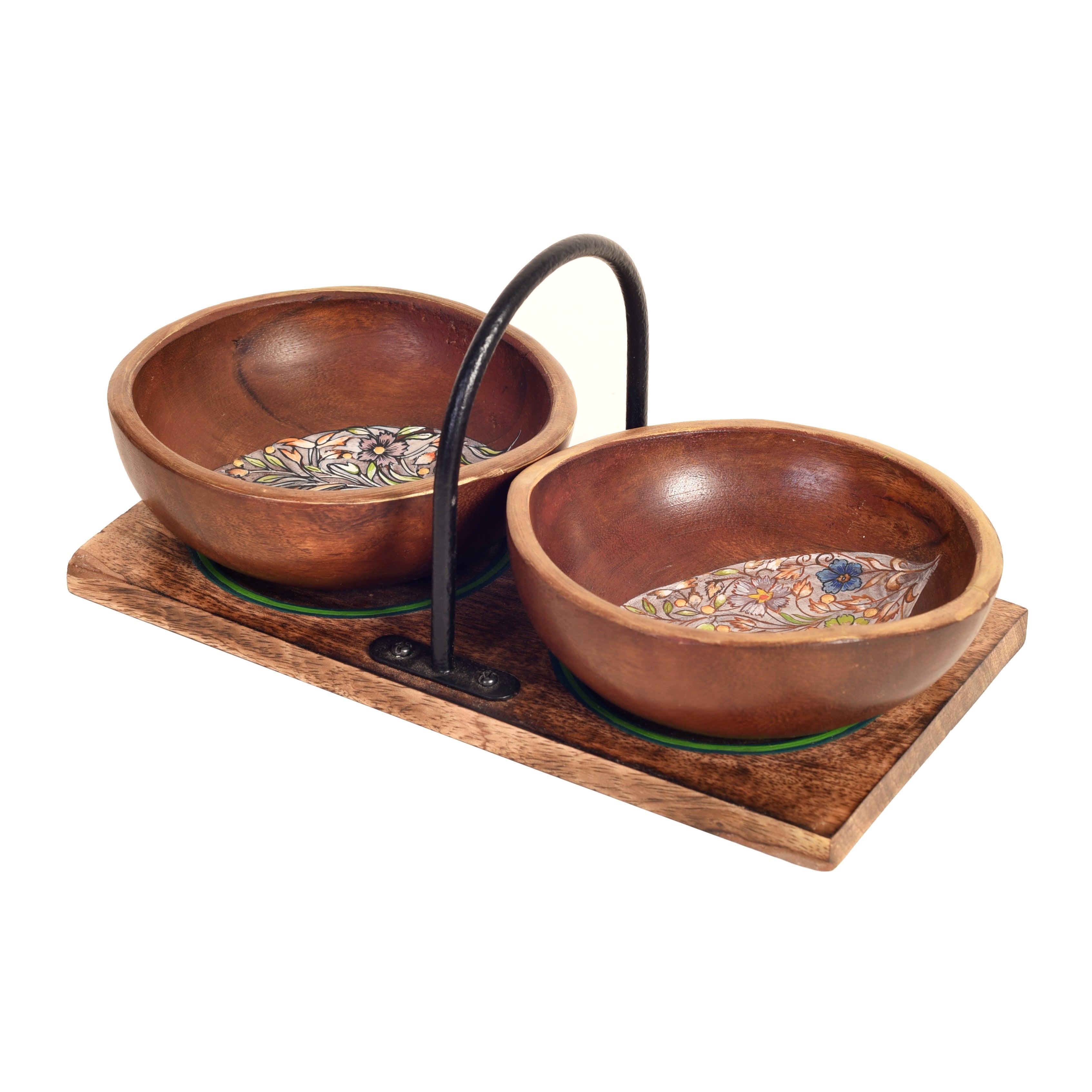 MANSA BOWLS in Handy Tray- with designer Paisley Motifs-Wooden-SET OF TWO+Tray
