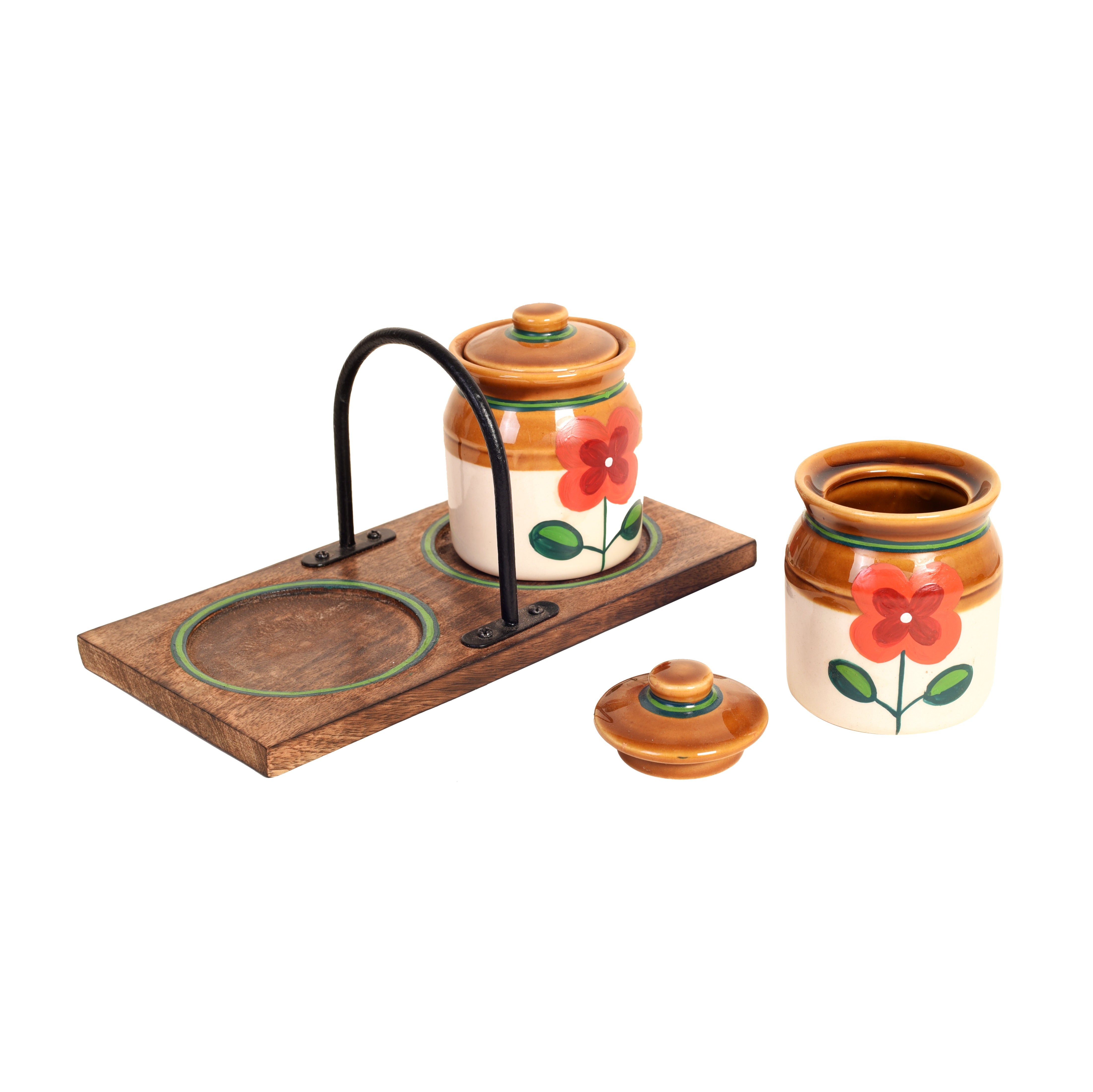 Achaari Baa-2 Ceramic Jaars Pickle set with sleek balck stand- Set of 2 with stand