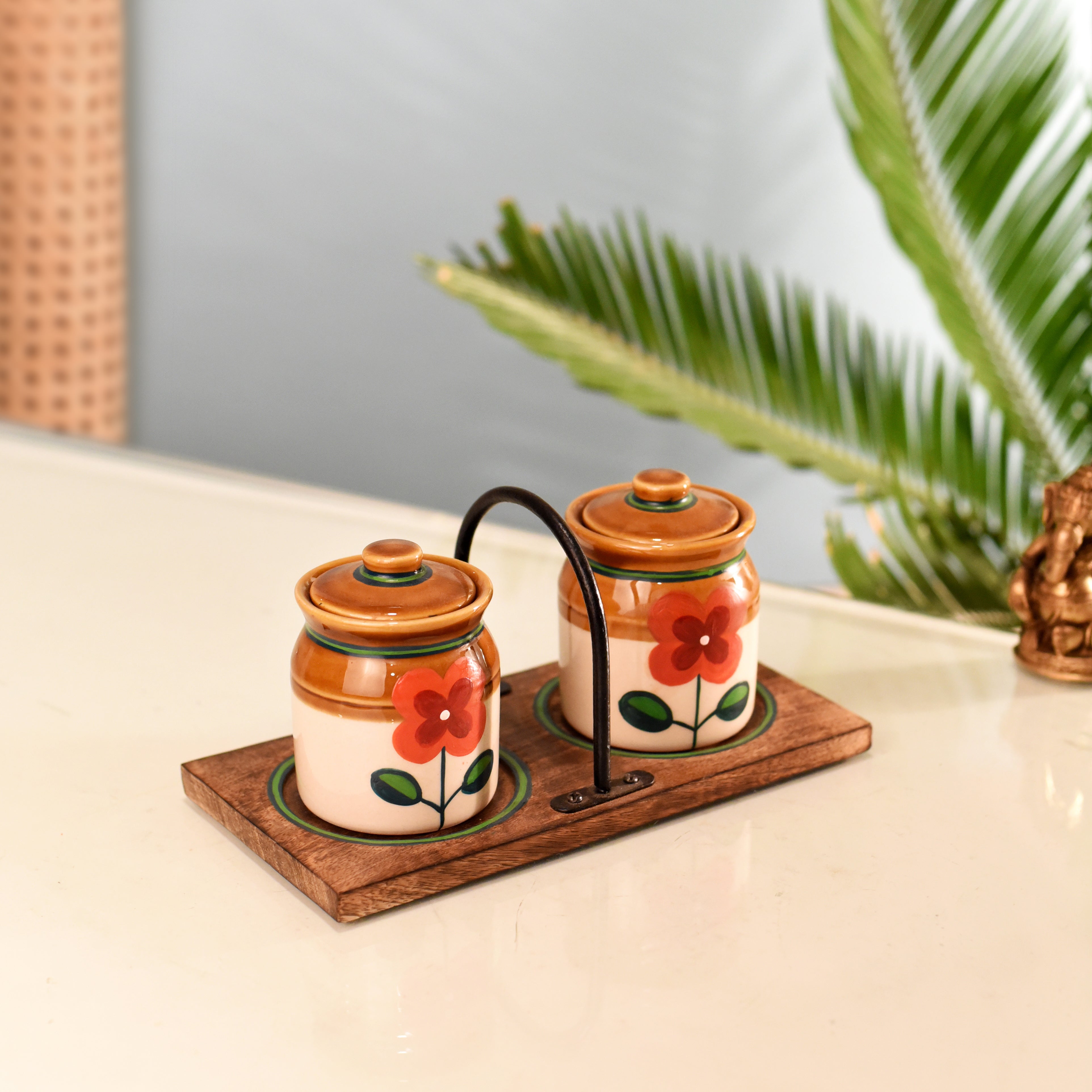 Achaari Baa-2 Ceramic Jaars Pickle set with sleek balck stand- Set of 2 with stand
