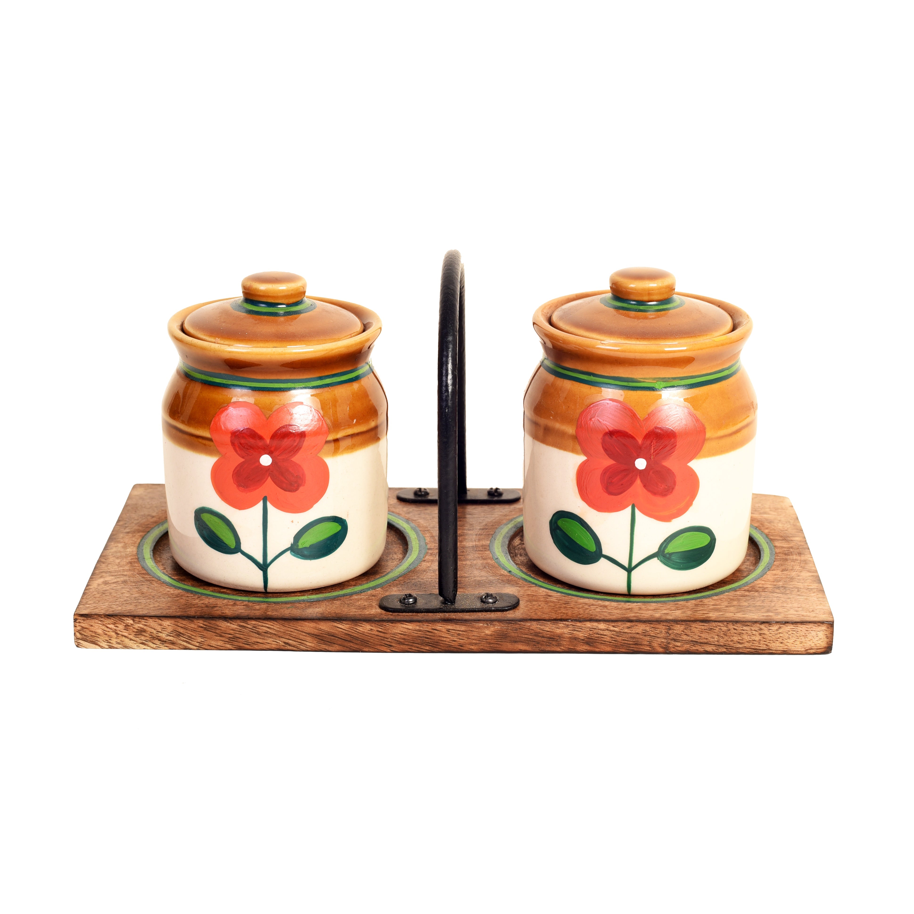 Achaari Baa-2 Ceramic Jaars Pickle set with sleek balck stand- Set of 2 with stand
