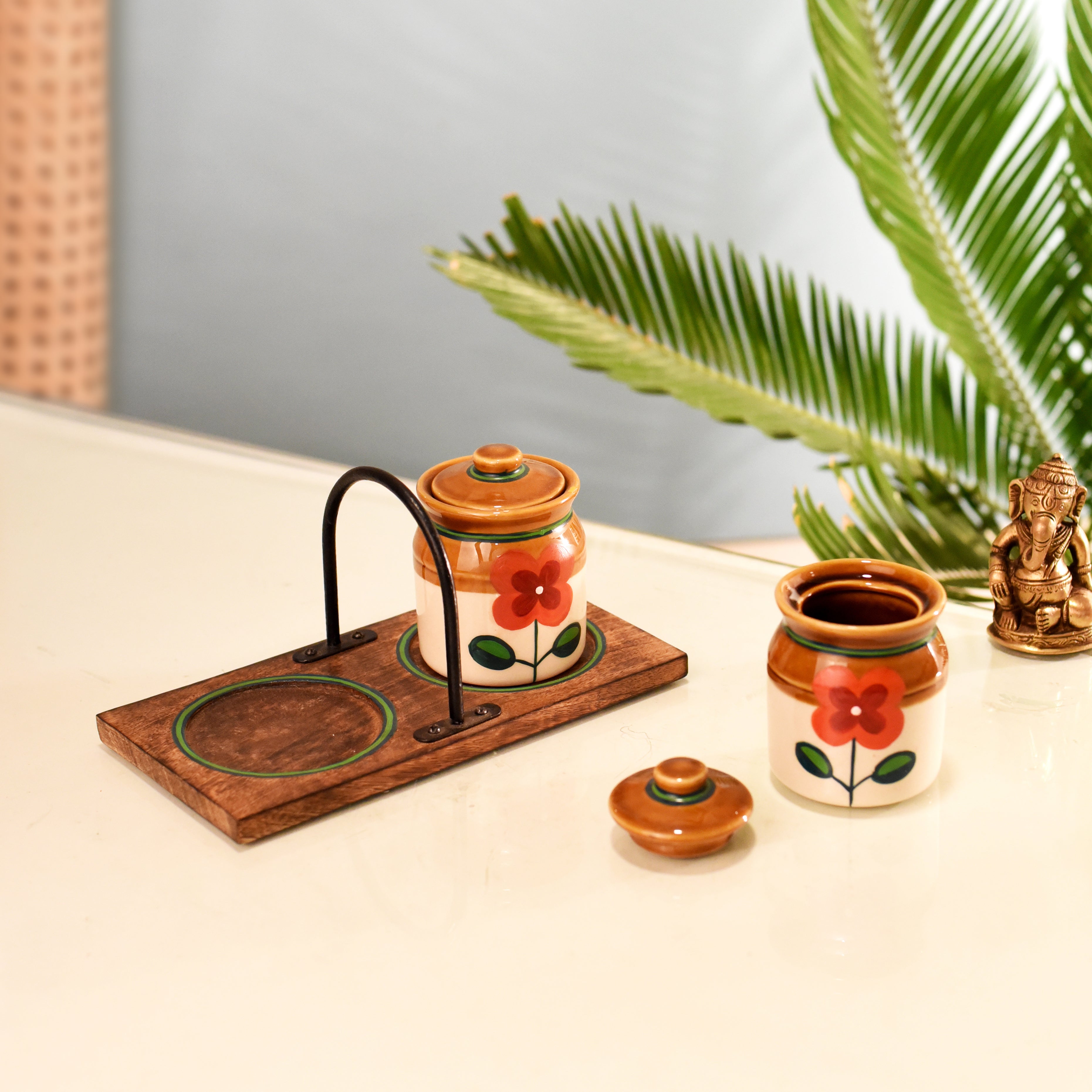 Achaari Baa-2 Ceramic Jaars Pickle set with sleek balck stand- Set of 2 with stand