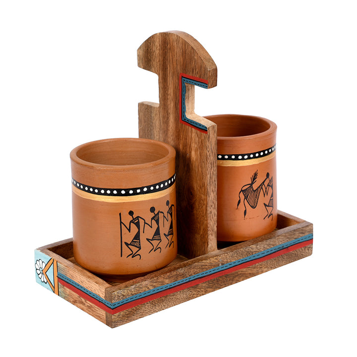 Cup Holder & 2 Earthen Mugs (Set of 3) (7x3.3x7)