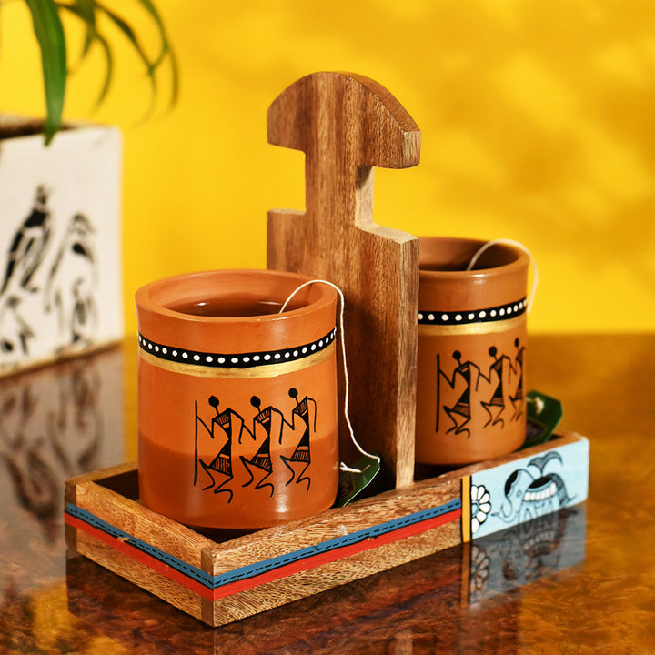 Cup Holder & 2 Earthen Mugs (Set of 3) (7x3.3x7)