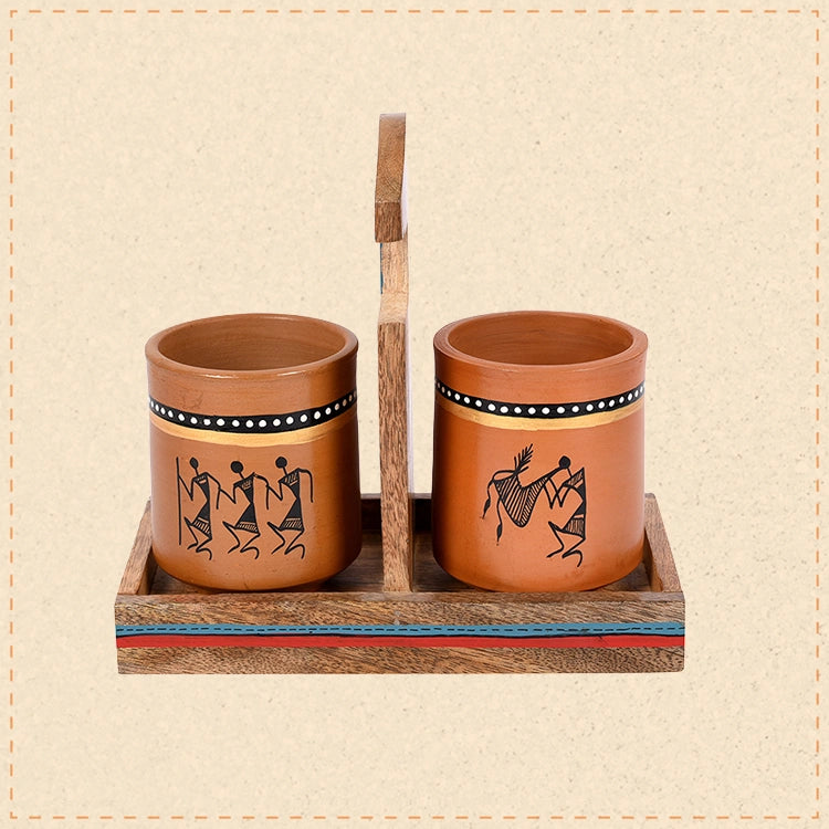 Cup Holder & 2 Earthen Mugs (Set of 3) (7x3.3x7)