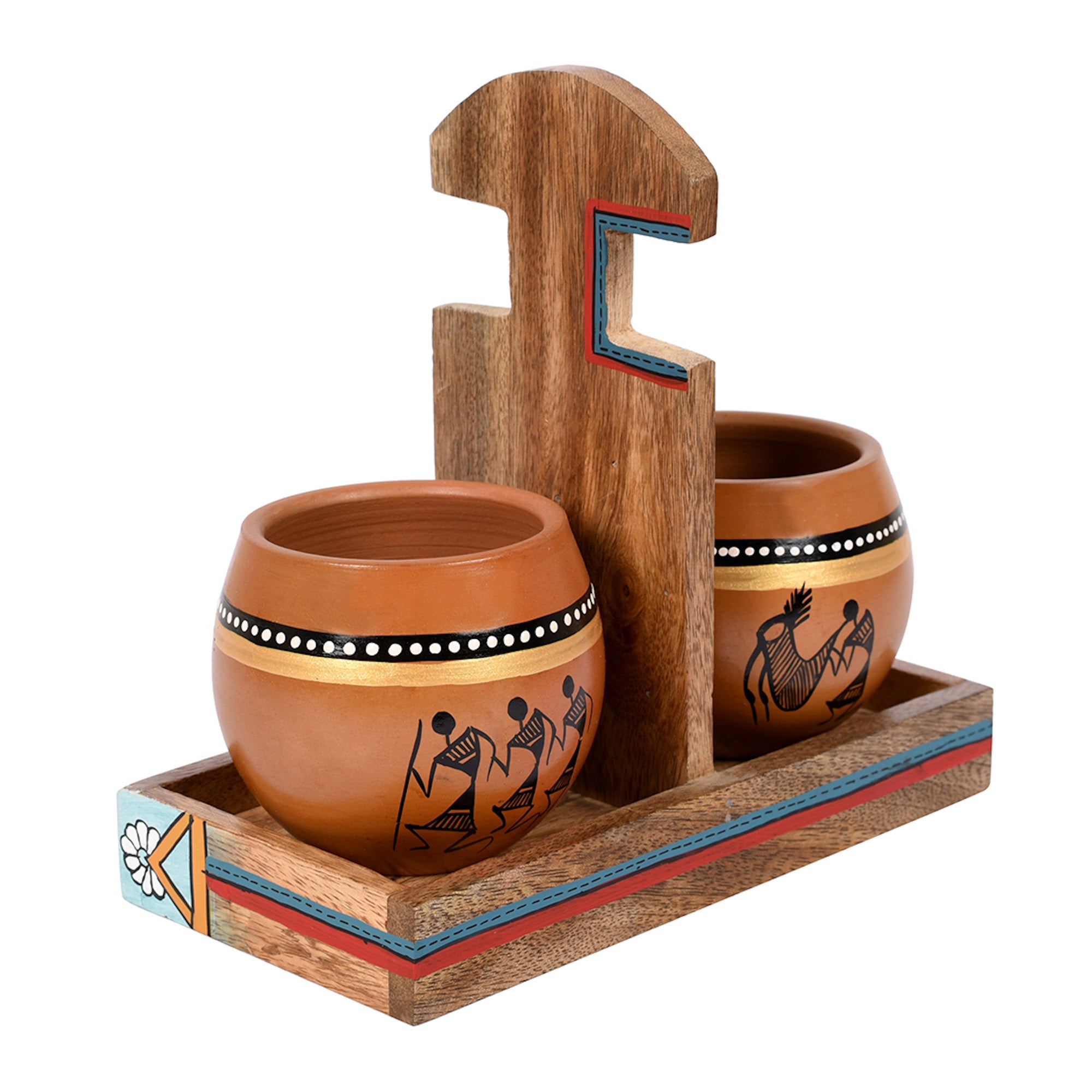 Cup Holder & 2 Earthen Kullad (Set of 3) (7x3.3x7)