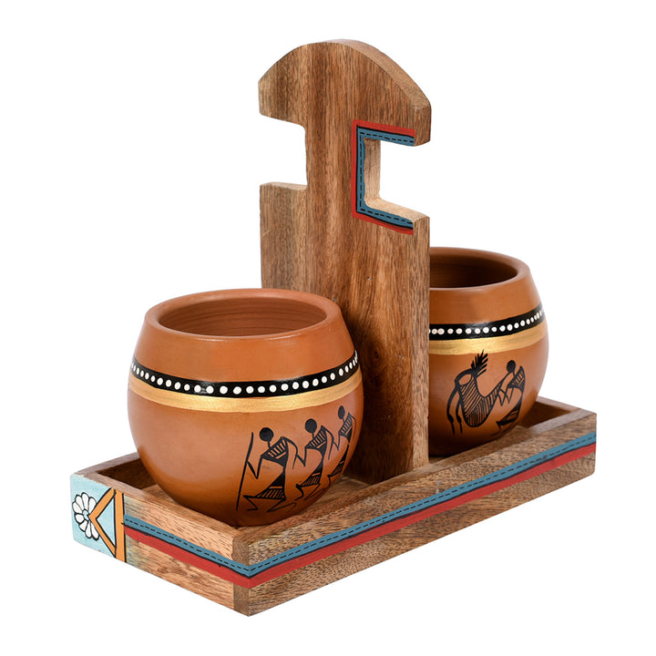 Cup Holder & 2 Earthen Kullad (Set of 3) (7x3.3x7)