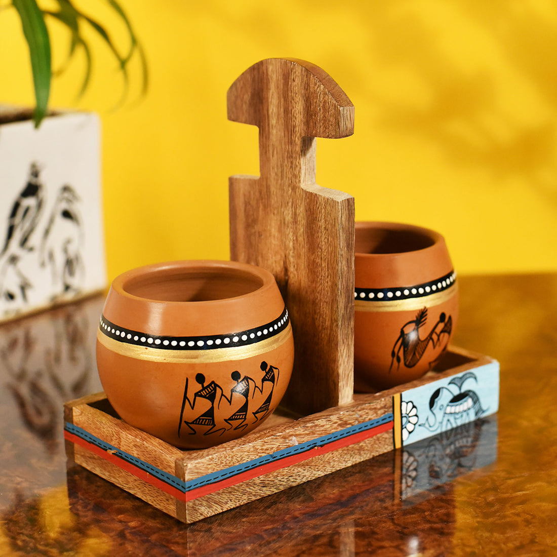 Cup Holder & 2 Earthen Kullad (Set of 3) (7x3.3x7)