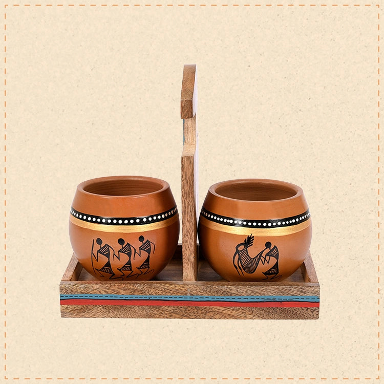Cup Holder & 2 Earthen Kullad (Set of 3) (7x3.3x7)