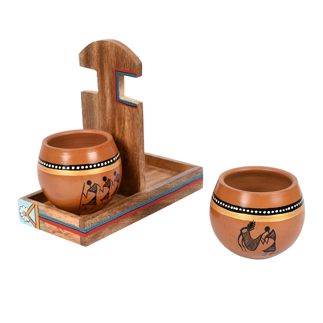 Cup Holder & 2 Earthen Kullad (Set of 3) (7x3.3x7)