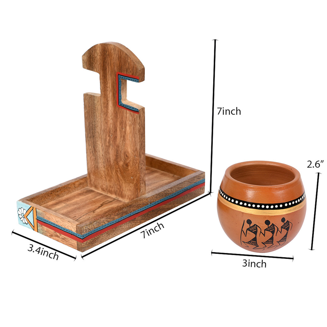 Cup Holder & 2 Earthen Kullad (Set of 3) (7x3.3x7)