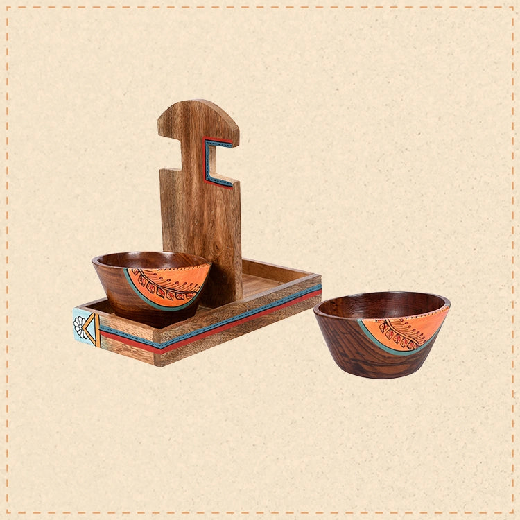 Bowl Holder & 2 Wooden Bowls (Set of 3) (9x4.4x6.4)