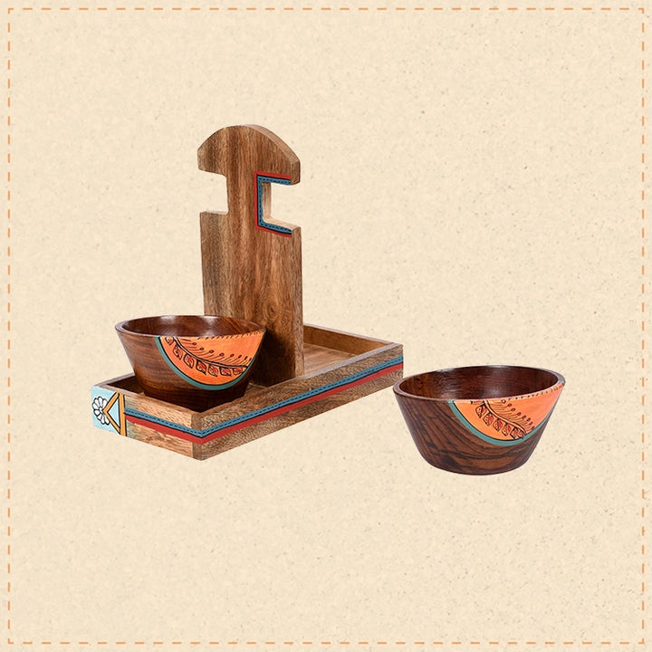 Bowl Holder & 2 Wooden Bowls (Set of 3) (9x4.4x6.4)