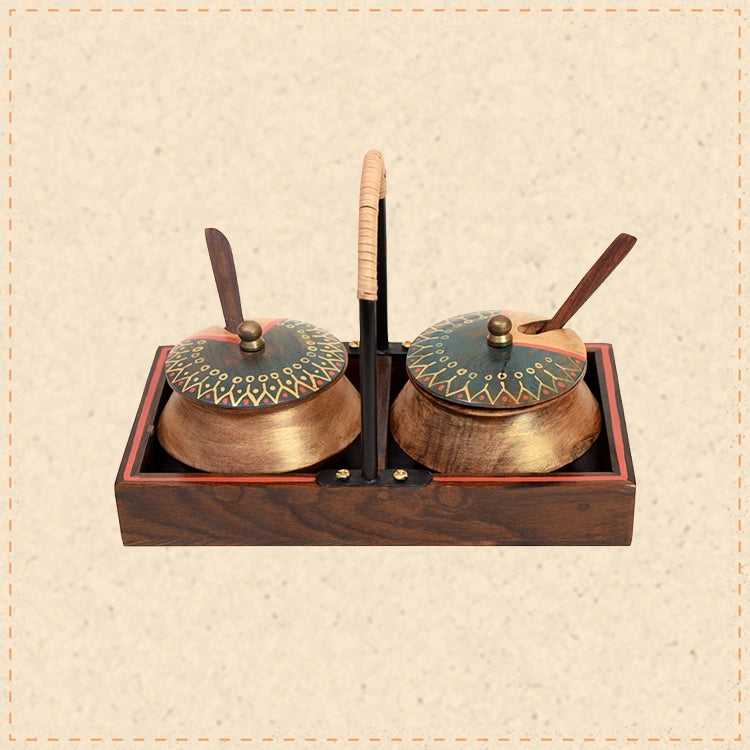 Wooden Handi Set with Stylish Metal Handle Tray (7.5x4x5.2)