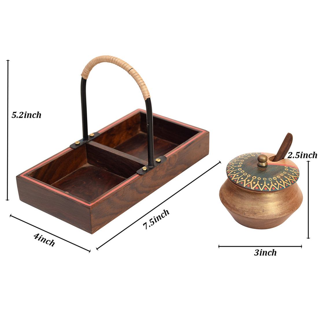 Wooden Handi Set with Stylish Metal Handle Tray (7.5x4x5.2)