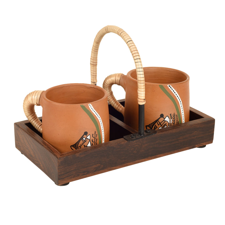 Happy Morning Earthen Cups with Cane Embellished Tray