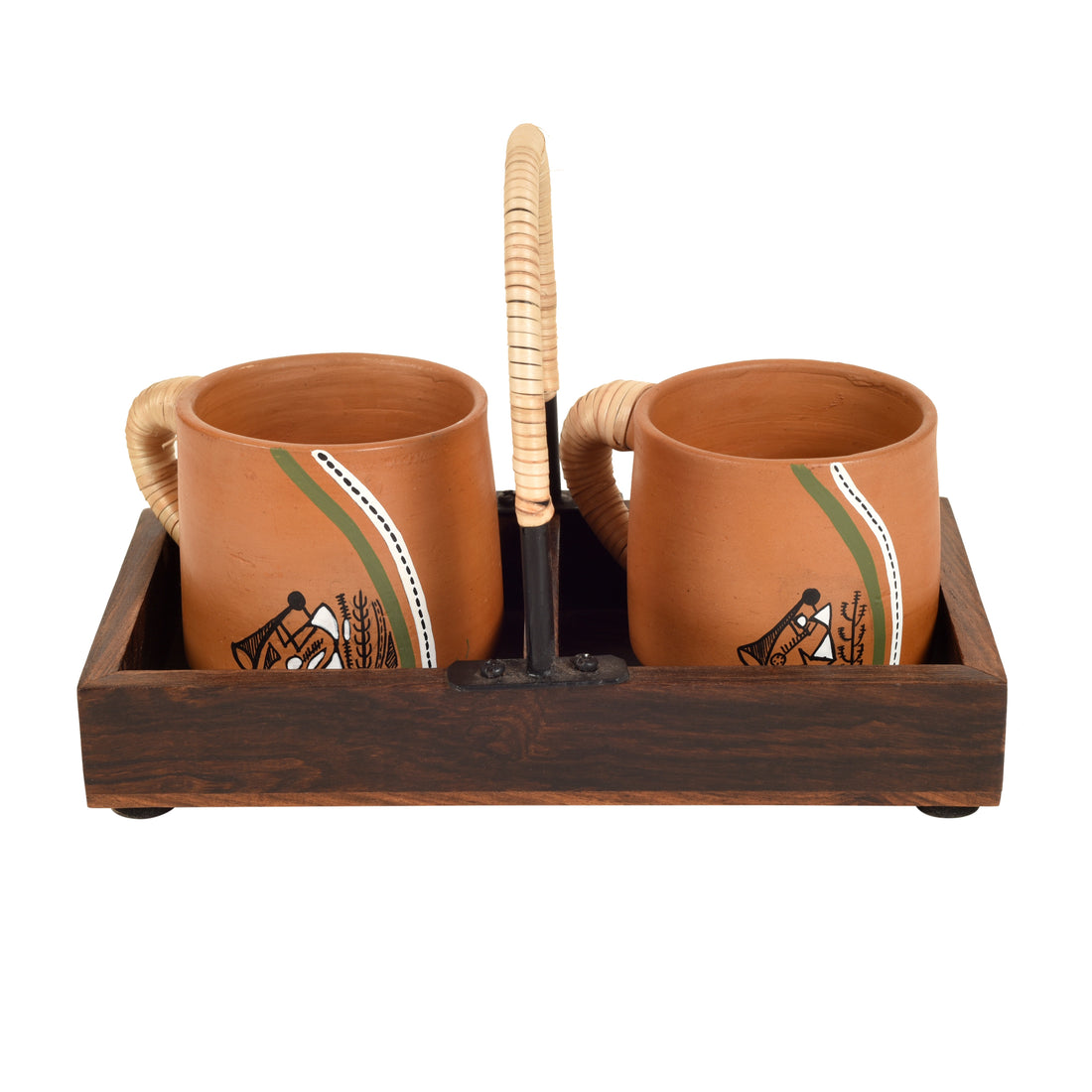 Happy Morning Earthen Cups with Cane Embellished Tray