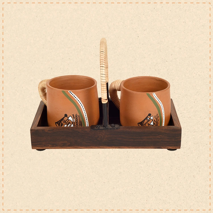 Happy Morning Earthen Cups with Cane Embellished Tray