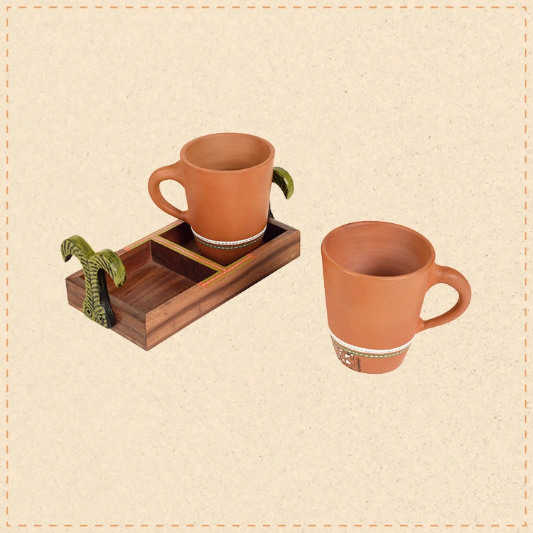 Happy Morning Earthen Coffee Mugs & Wooden Tray