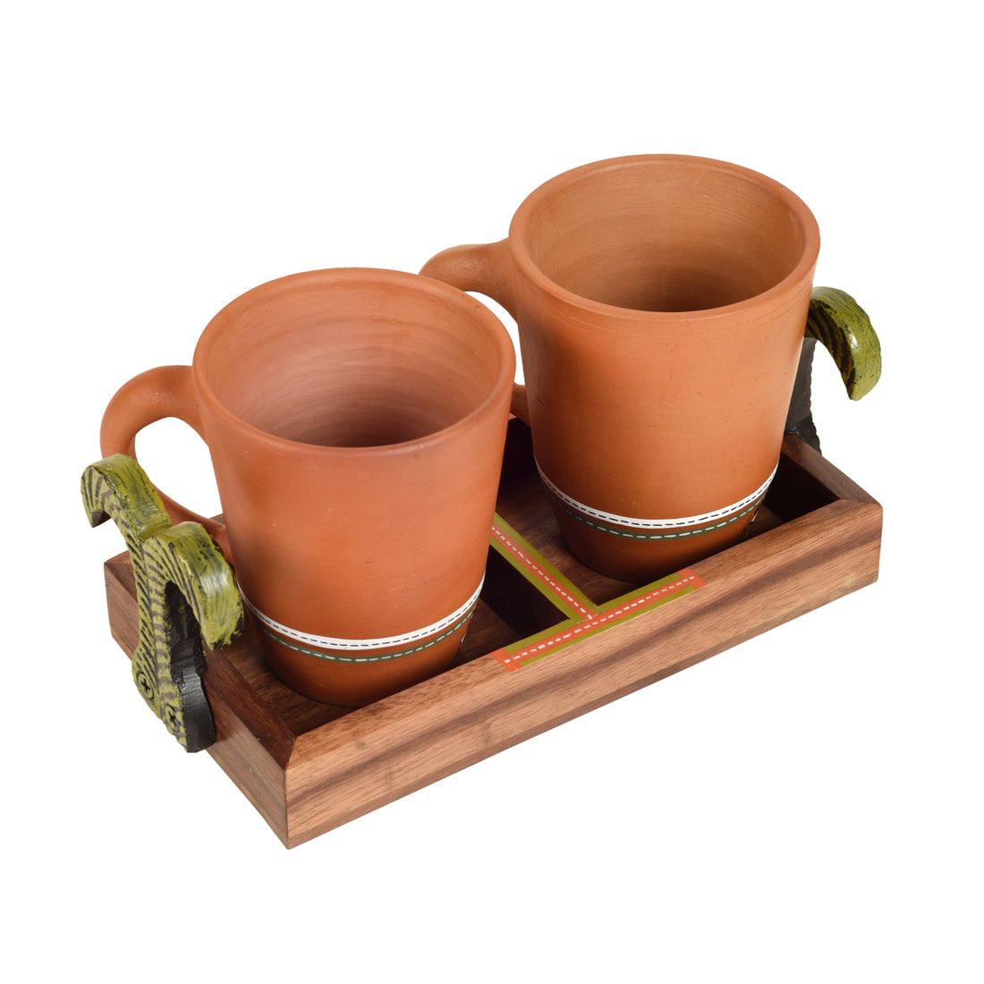 Happy Morning Earthen Coffee Mugs & Wooden Tray