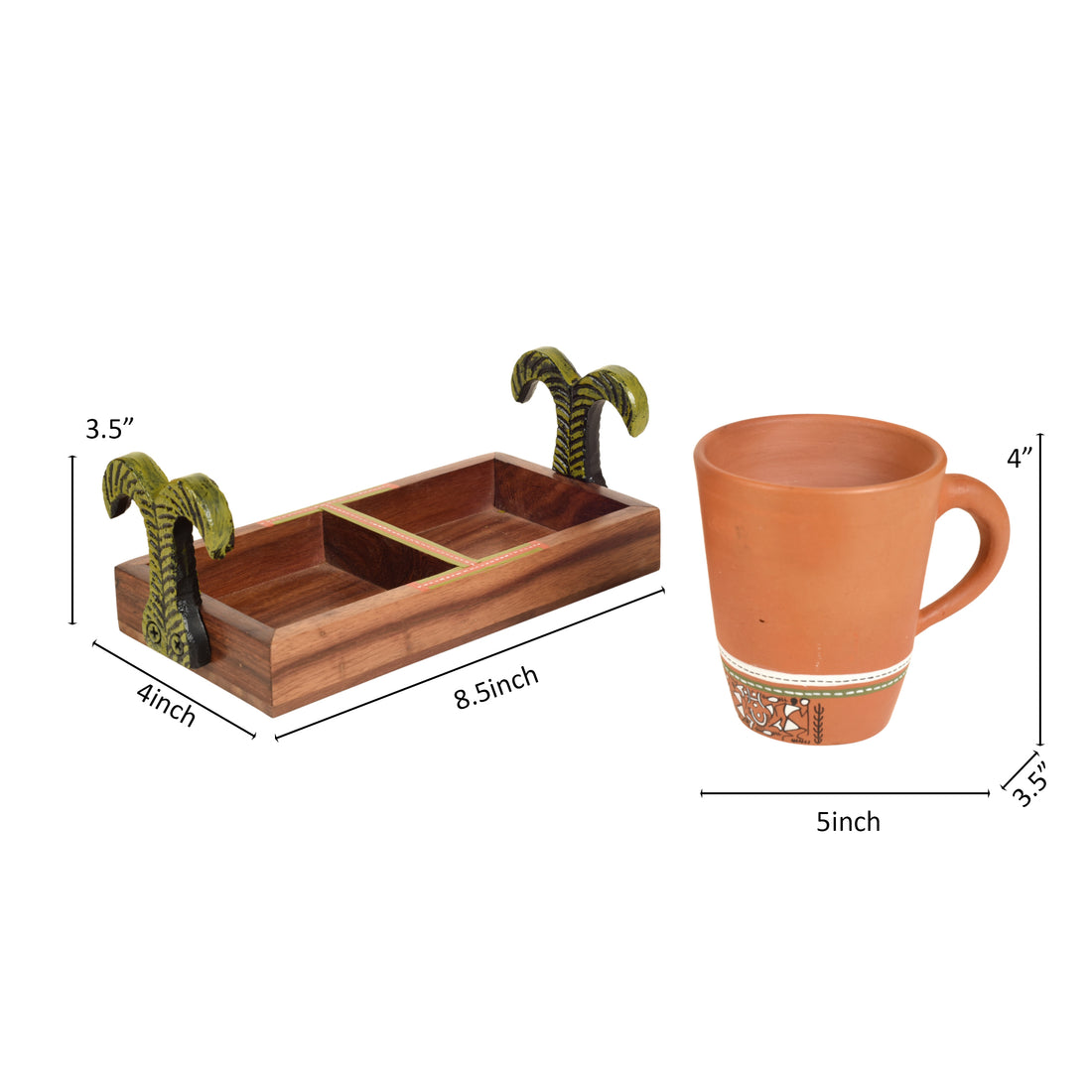 Happy Morning Earthen Coffee Mugs & Wooden Tray