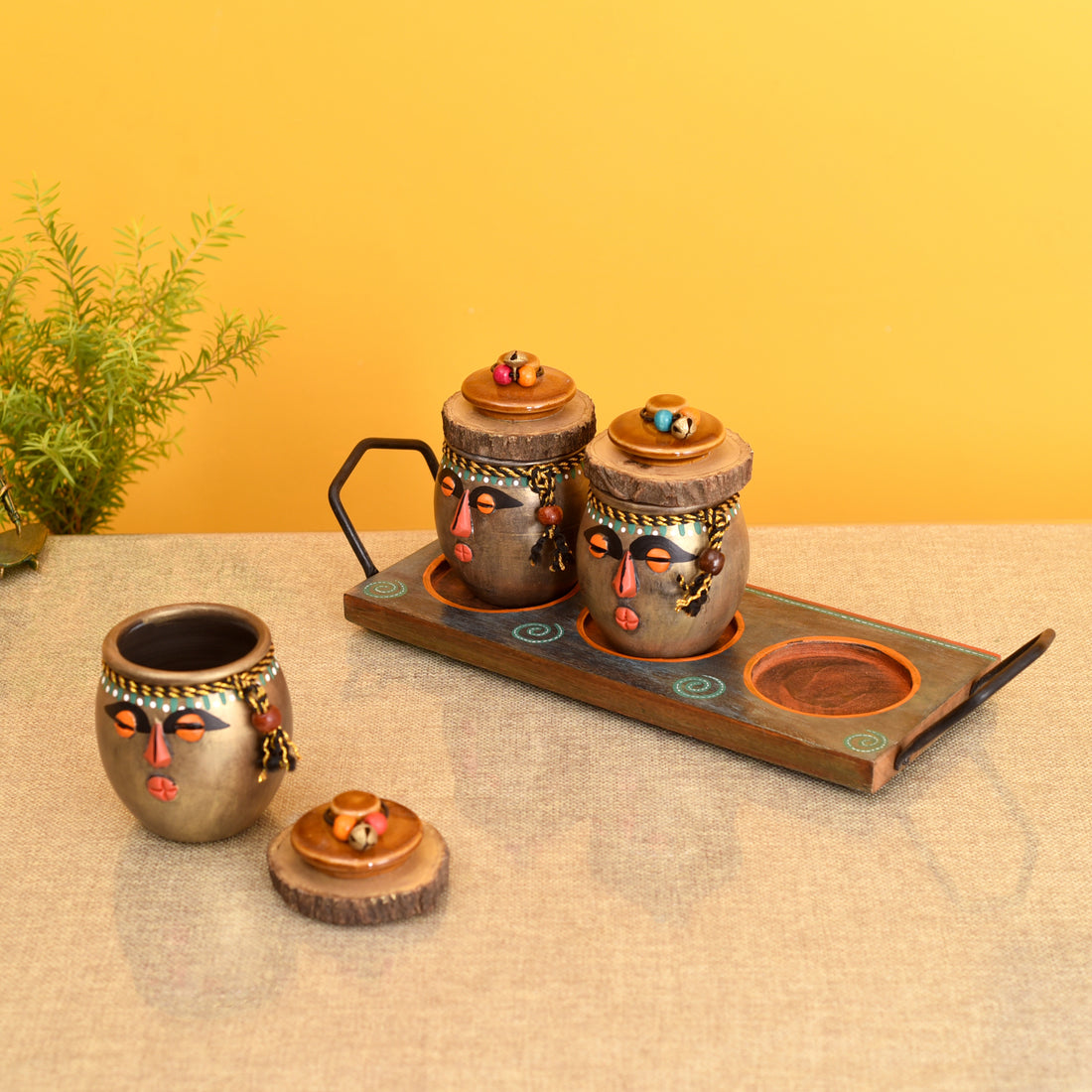 Happy Tribals Storage Jars and Handcrafted Tray S04 (16x5x3.5)