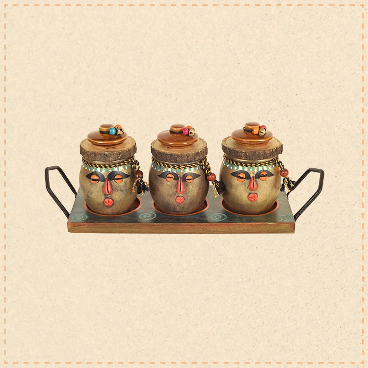 Happy Tribals Storage Jars and Handcrafted Tray S04 (16x5x3.5)