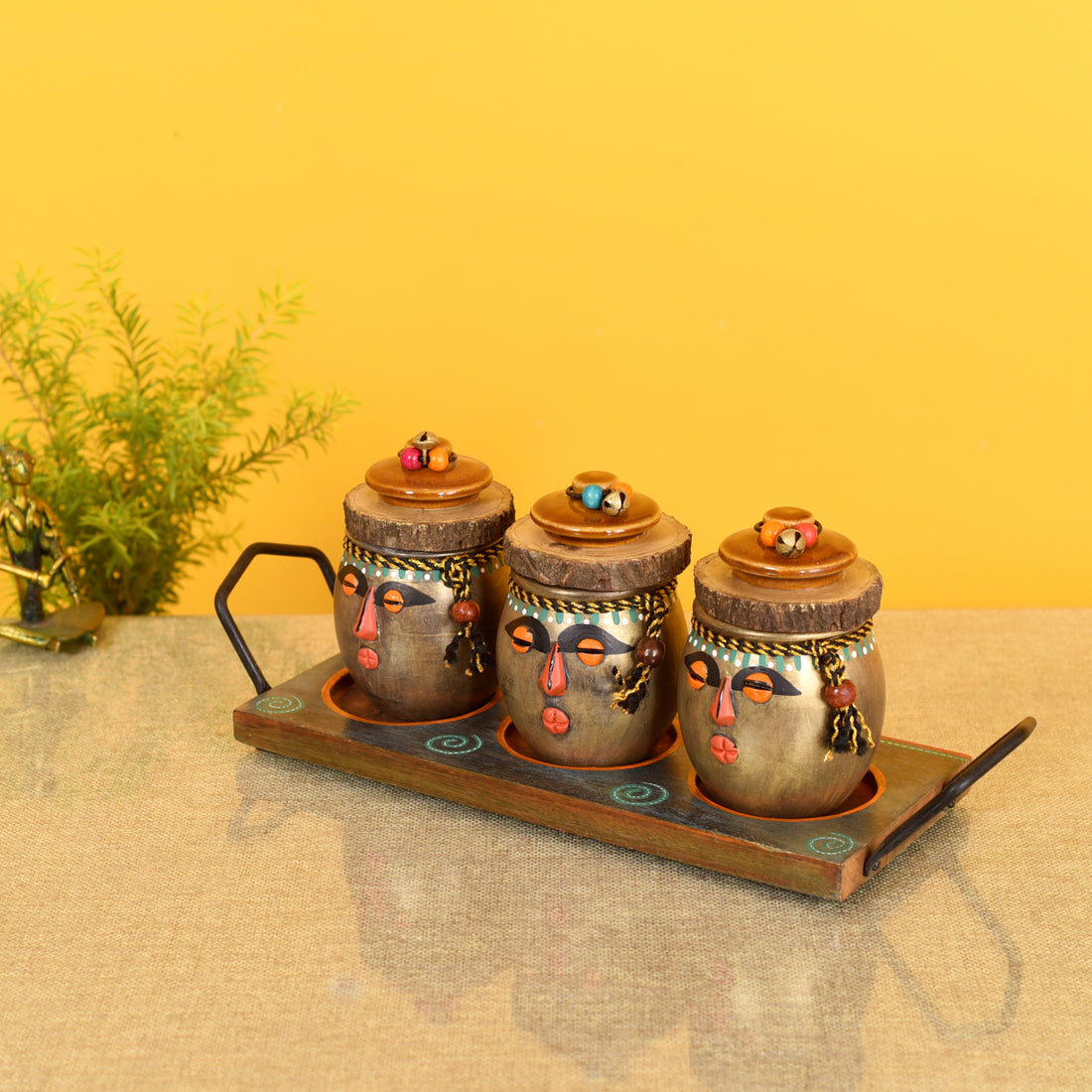 Happy Tribals Storage Jars and Handcrafted Tray S04 (16x5x3.5)