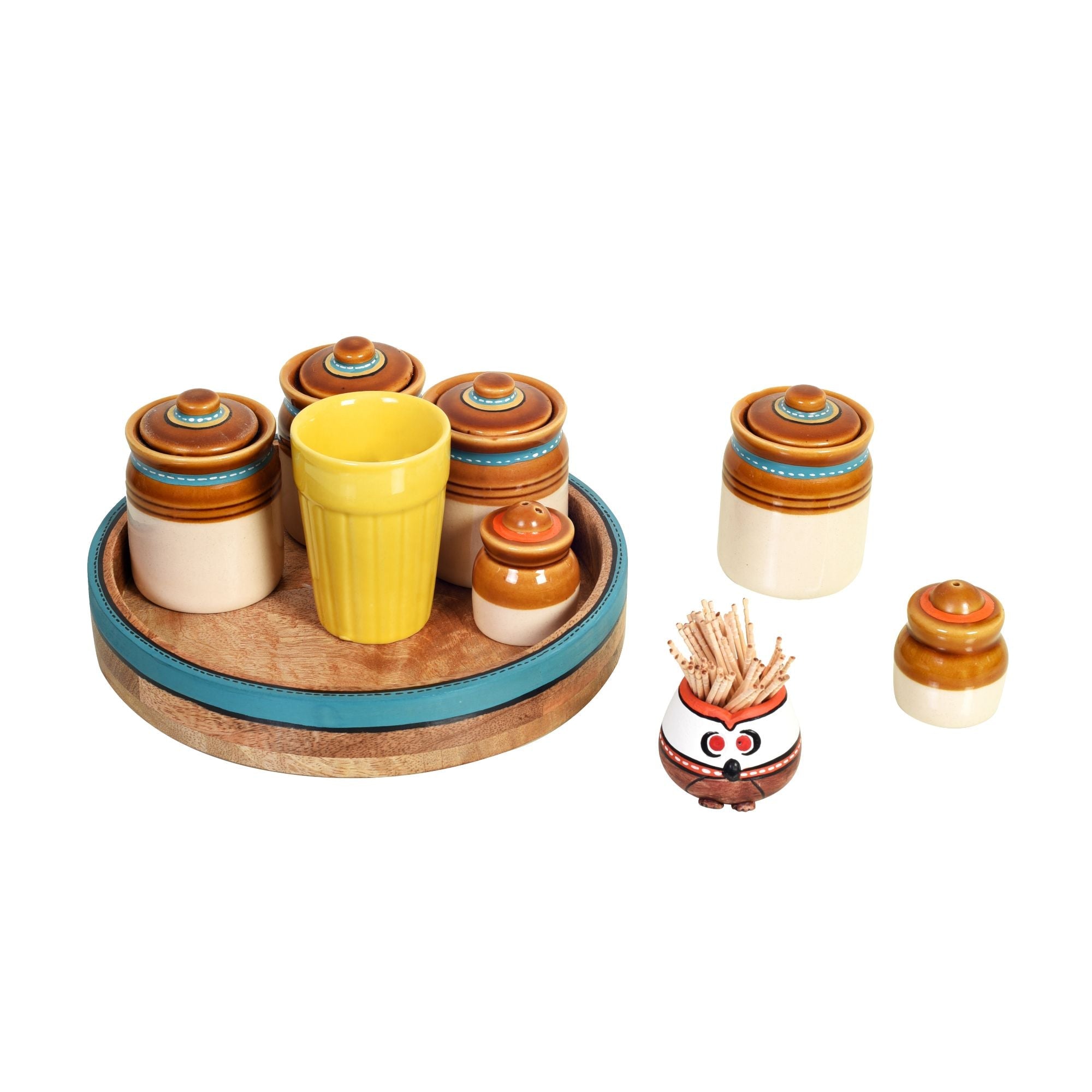 Granny Pickle Tray, Traditional Ceramic Pickle Jar Set with Wooden Tray and Utility Holders