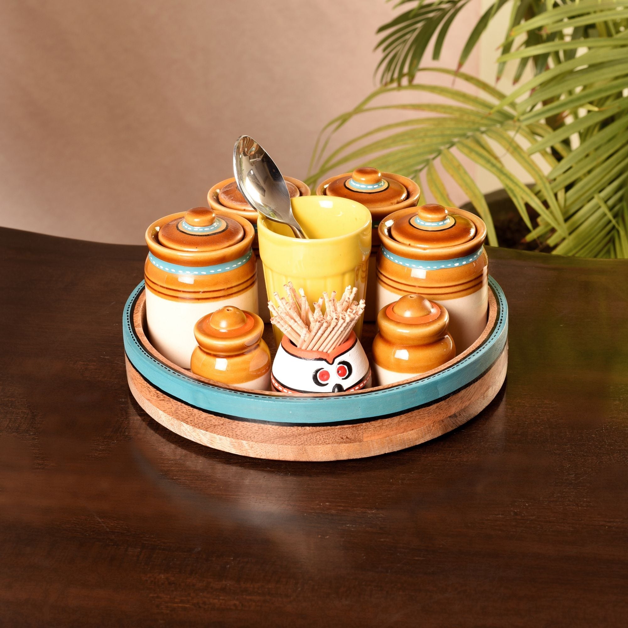 Granny Pickle Tray, Traditional Ceramic Pickle Jar Set with Wooden Tray and Utility Holders