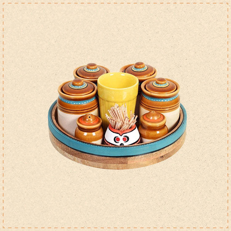 Granny Pickle Tray, Traditional Ceramic Pickle Jar Set with Wooden Tray and Utility Holders