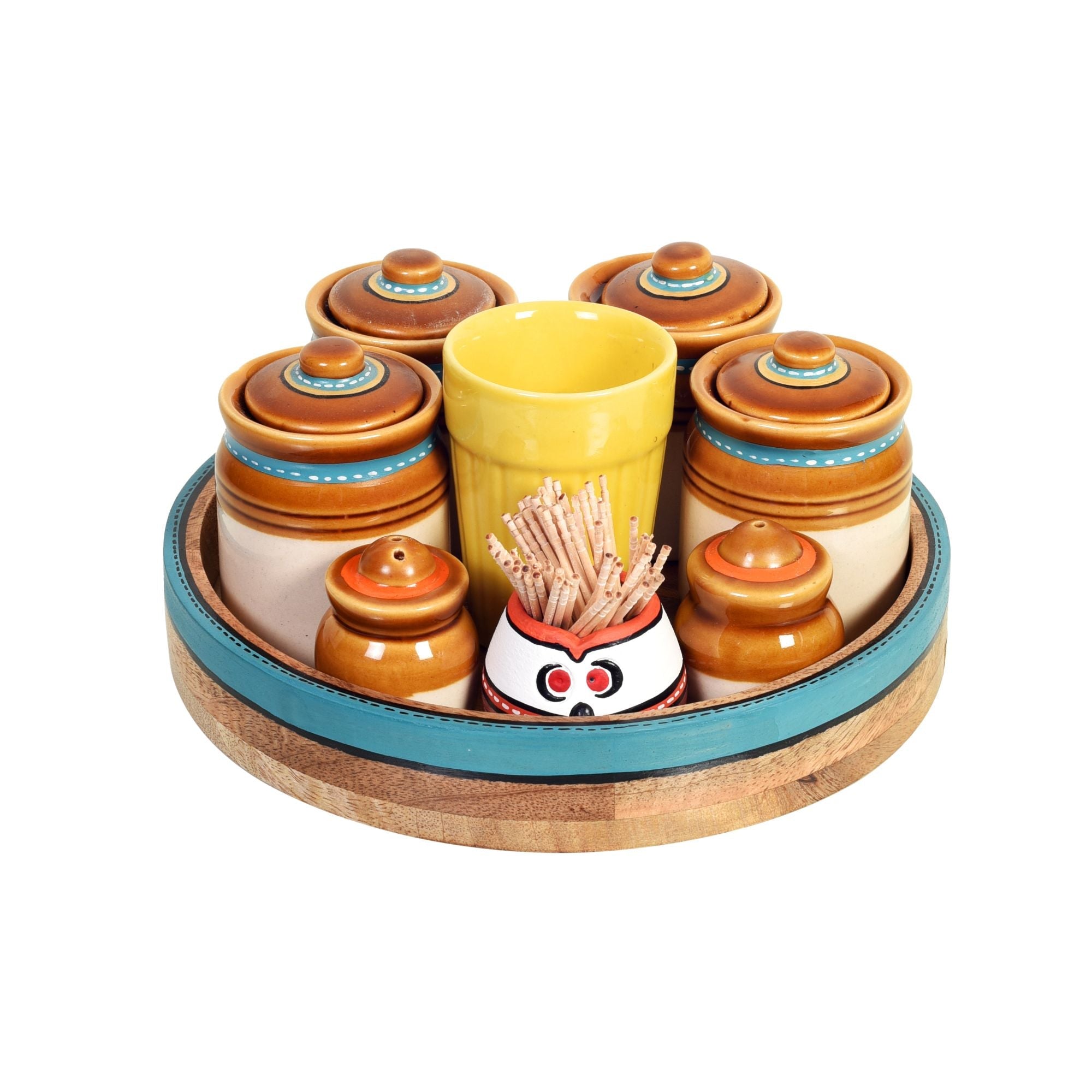 Granny Pickle Tray, Traditional Ceramic Pickle Jar Set with Wooden Tray and Utility Holders