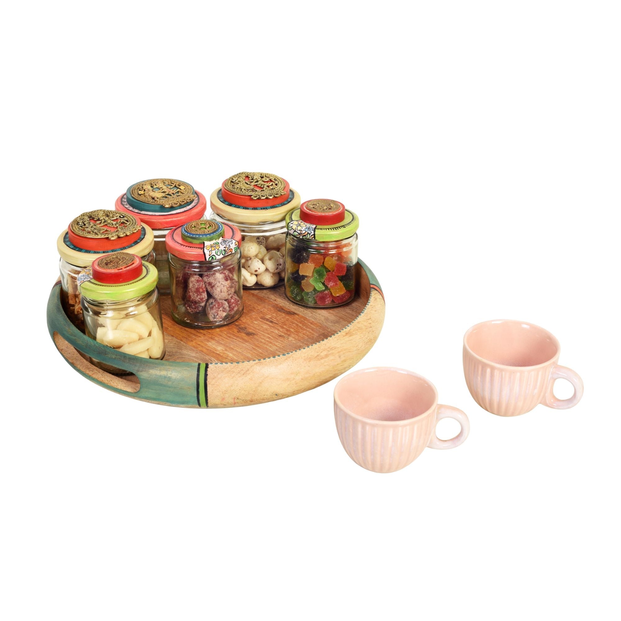 Handcrafted Wooden Tray Set with 6 Painted Glass Jars and 2 Ceramic Cups, Colorful Kitchen and Serving Organizer