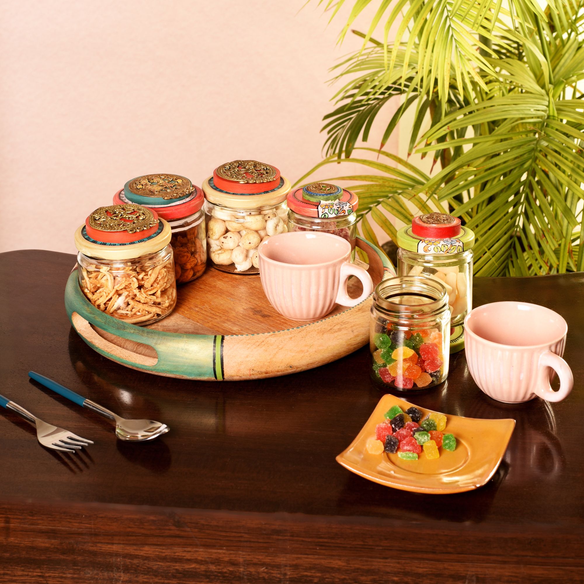 Handcrafted Wooden Tray Set with 6 Painted Glass Jars and 2 Ceramic Cups, Colorful Kitchen and Serving Organizer