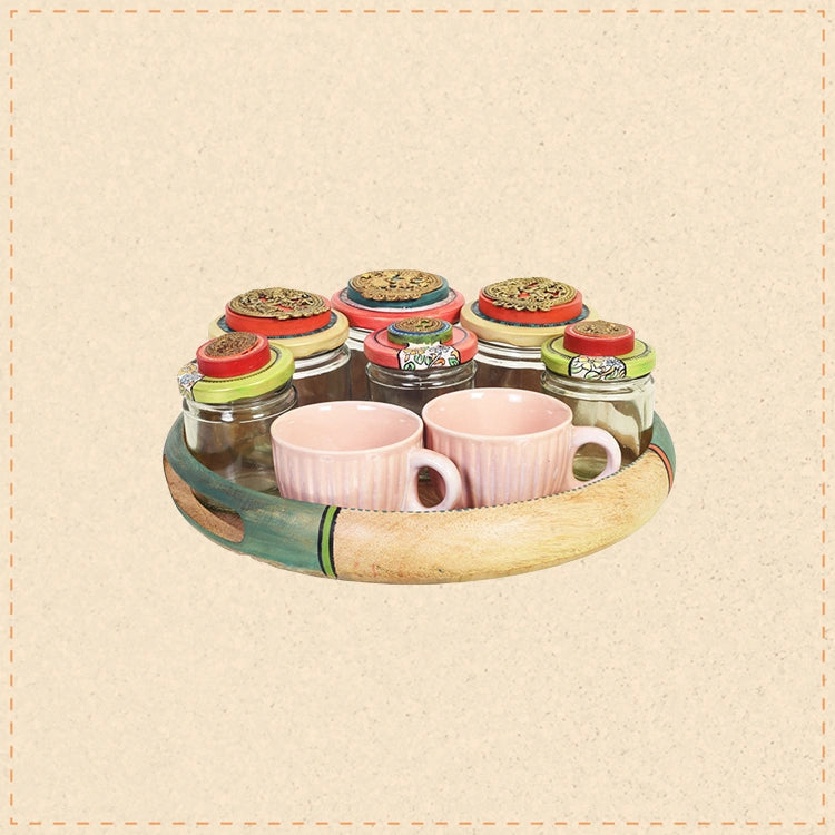 Handcrafted Wooden Tray Set with 6 Painted Glass Jars and 2 Ceramic Cups, Colorful Kitchen and Serving Organizer