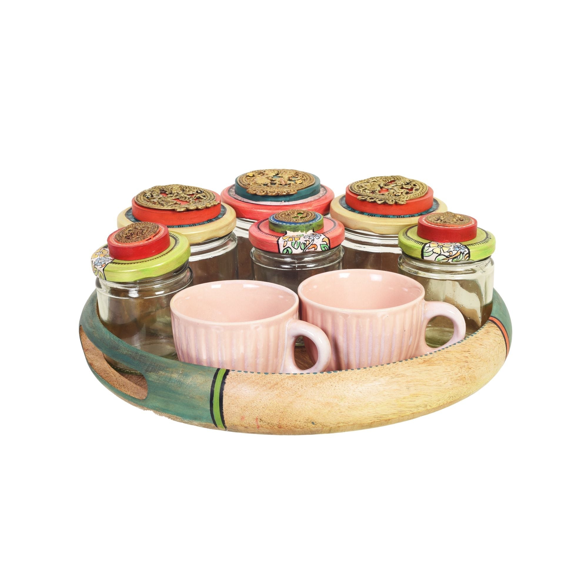 Handcrafted Wooden Tray Set with 6 Painted Glass Jars and 2 Ceramic Cups, Colorful Kitchen and Serving Organizer