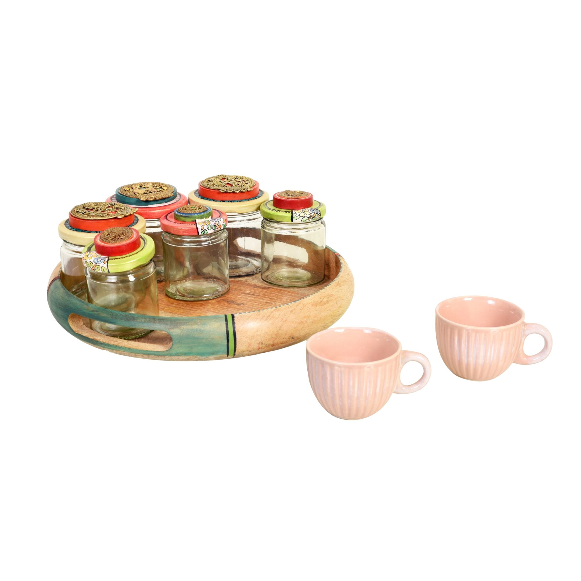 Handcrafted Wooden Tray Set with 6 Painted Glass Jars and 2 Ceramic Cups, Colorful Kitchen and Serving Organizer