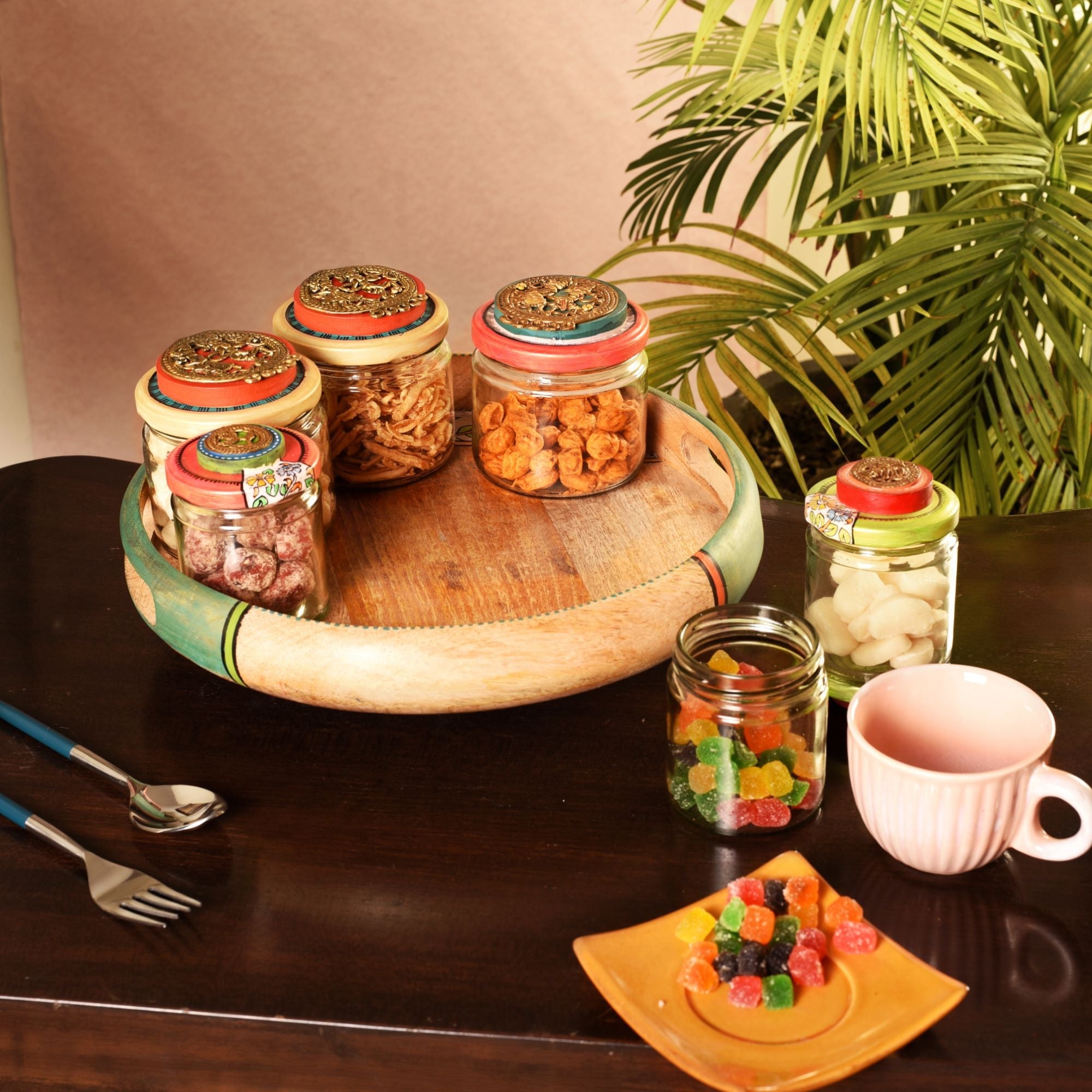 Handcrafted Wooden Tray Set with 6 Painted Glass Jars and 2 Ceramic Cups, Colorful Kitchen and Serving Organizer